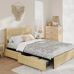 Full Platform Bed Frame W/ Boho Rattan Headboard, Wood Slats, No Box Spring. Fixed Price $216.53.