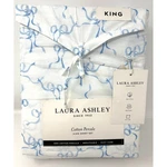 New Laura Ashley Blue Trailing Bows King Size Sheet Set 100% Crisp Cotton. Fixed Price $127.00.