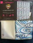 Ed Hardy 14-PIECE Bath Set Shower Curtain Wave Pattern Blue White Hooks. Fixed Price $30.00.