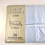 Vtg Flat Sheet Twin Pale Sky Blue White Trim Percale No Iron Stevens 66 X 96. Fixed Price $12.00.