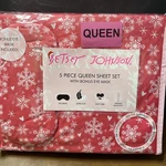 New Betsey Johnson Red Snowflake Christmas Five Piece Queen Sheet Set W/eye Mask. Fixed Price $50.00.