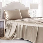 Cobedzy 4 Piece Queen Sheet Set, Taupe Satin, Silky Soft, Deep Pocket. Fixed Price $49.39.