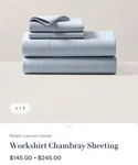 Ralph Lauren Workshirt Chambray Blue King Fitted Sheet 100% Cotton Nwt. Fixed Price $97.50.