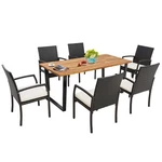 Patio 7 Pcs Rattan Dining Set Acacia Wood Table 6 Wicker Chairs W/ Umbrella. Fixed Price $572.99.
