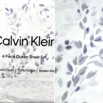 4PC Calvin Klein Purple Gray Airy Botanical Queen Sheet Set White Sateen 300TC. Fixed Price $99.99.