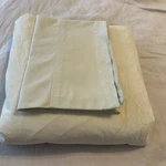 West Elm Queen Fitted Sheet & Standard Pillow Case Pale Green Soft Cotton. Fixed Price $30.00.