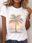 Women's Rainbow Palm Tree Graphic Tee Short Sleeve Beach Sunset Tropical Top. Fixed Price $12.99.