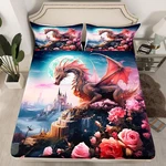 Castle Fairy Dragon Fitted Sheet Queen Sizepink Rose Flower Bedding Set. Fixed Price $90.24.