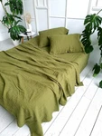 Olive Green Linen Flat Sheet, Washed Luxury Bedsheet For Living Room Decor. Fixed Price $79.00.