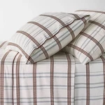 Queen 300 Thread Count Contrast Merrow Edge Plaid Sheet Set. Fixed Price $59.99.