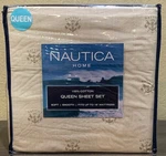 Nautica Deckhand Pinstripe Logo Anchor Crest Cotton Queen Sheet Set Taupe/white. Fixed Price $47.99.