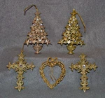 Gold Glittered Christmas Trees, Crosses, & Heart 6 Inch Lot Of 5 Ornaments. Fixed Price $23.99.