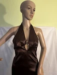 Zum By Niki Livas Y2K Coffee Brown Satin Deep Backless Ruched Halter Dress. Fixed Price $67.00.