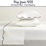 New Pottery Barn Scalloped Embroidered Percale Sheet Set White/navy. Fixed Price $88.79.