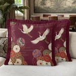 Traditional Bohemian Crane Bird Pattern Fringed Burgandy Cushion Cover, Set Of 2. Fixed Price $32.99.