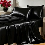 Satin Queen Size Bed - 4 Piece Silky Set, Luxury Black. Fixed Price $34.99.