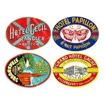 Hotel Luggage Stickers, 1 Sheet, 4 Jumbo Sized Suitcase Decals Reproductions. Fixed Price $11.90.