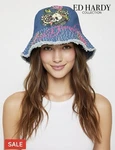 Hardy Skull & Pink Rose Logo Blue Denim Bucket Hat O/s. Fixed Price $34.95.