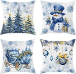 Velvet Christmas Pillow Covers 16X16, Blue Throw Set Of 4, Tree Snowman. Fixed Price $13.87.